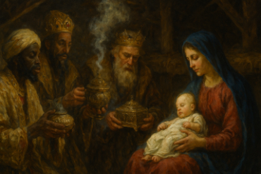 The three Wise Men adore Our Lord with Frankincense